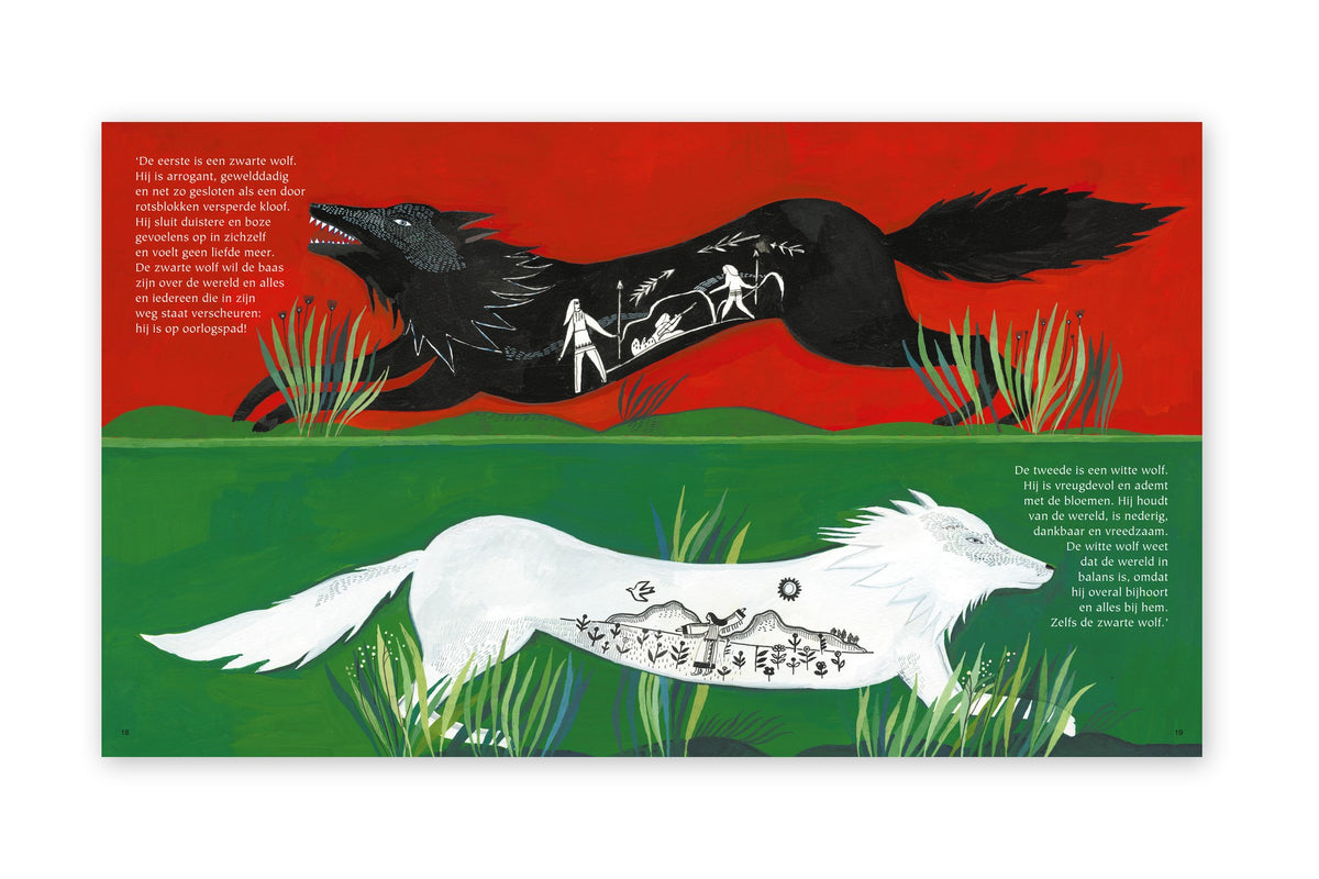 Illustratie uit Twee Wolven met de zwarte wolf voor angst en agressie en de witte wolf voor liefde, dankbaarheid en vrede
