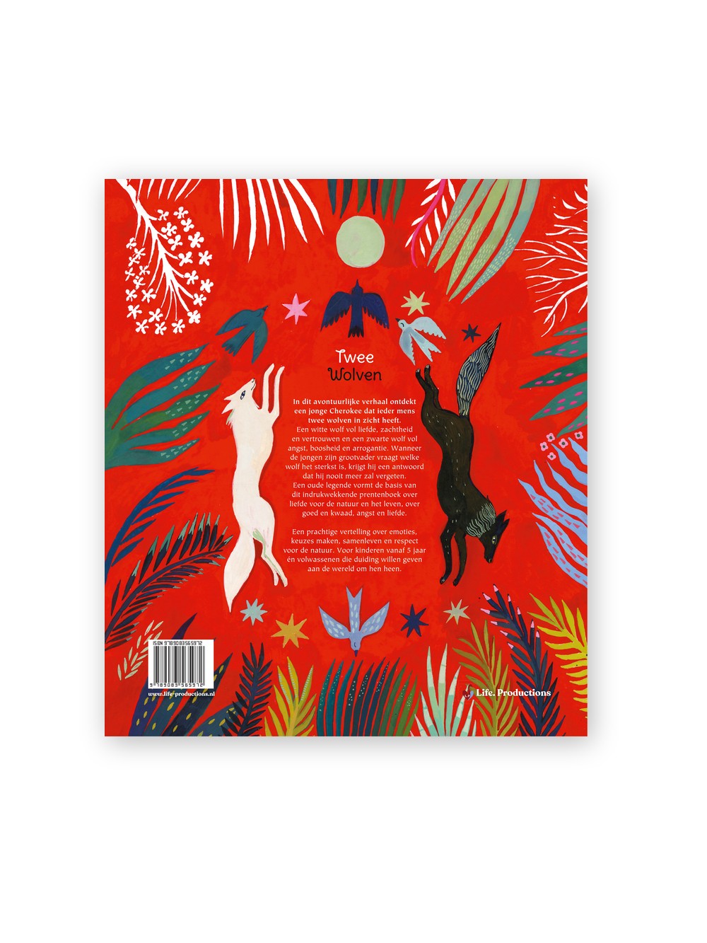 Achterkant van het prentenboek Twee Wolven met de witte en zwarte wolf en de samenvatting van het verhaal
